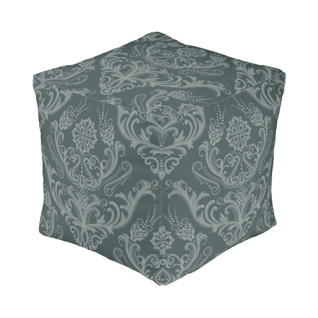 Luxury green floral damask wallpaper pouf (Angled Front)