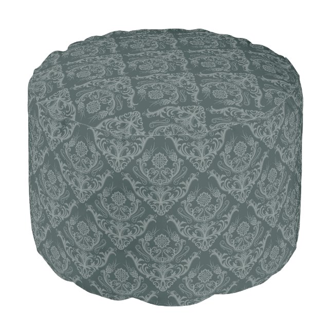 Luxury green floral damask wallpaper pouf (Angled Front)