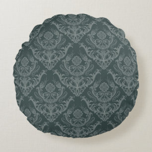 Luxury green floral damask wallpaper round pillow