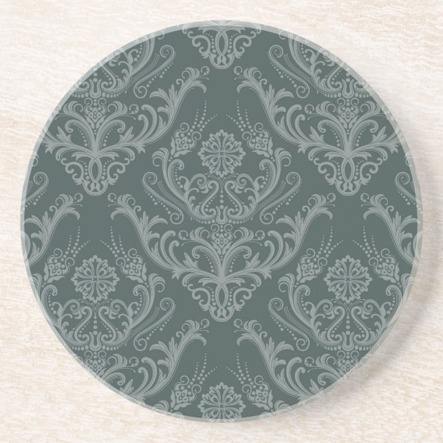 Luxury green floral damask wallpaper sandstone coaster (Front)