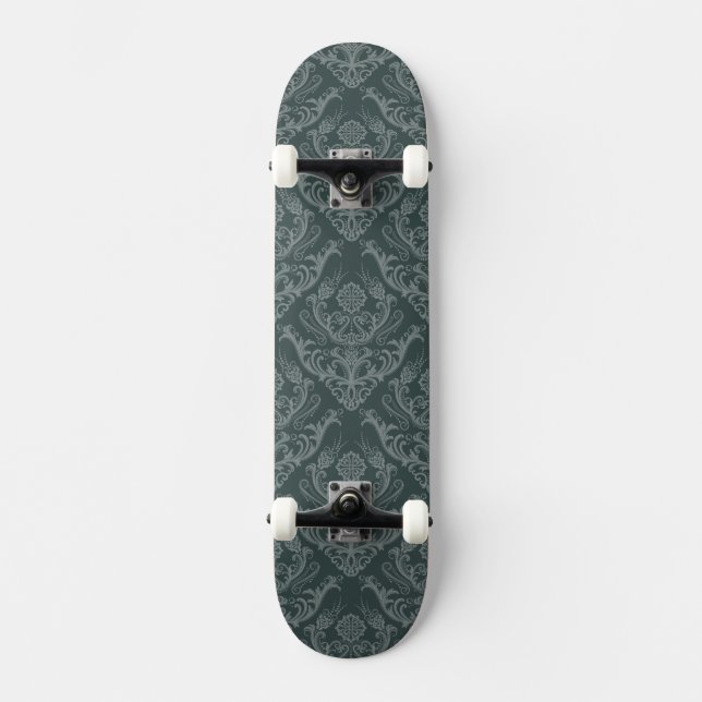 Luxury green floral damask wallpaper skateboard (Front)