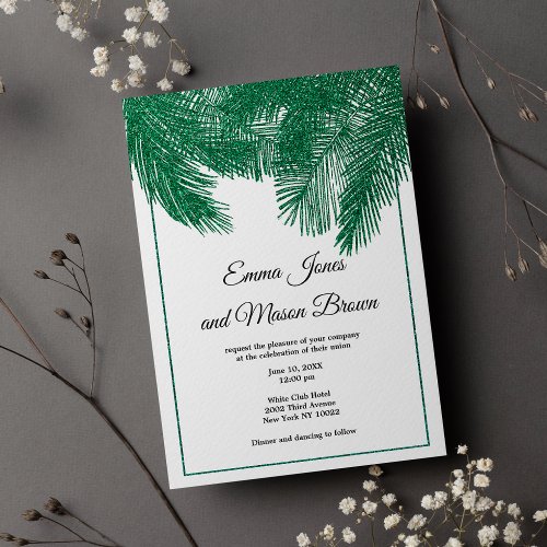 Luxury green glitter palm tree tropical Wedding  Invitation
