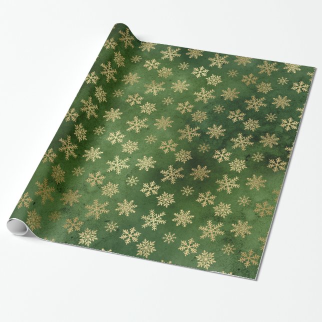 LUXURY GREEN GOLD CHRISTMAS SNOWFLAKE WRAPPING  WRAPPING PAPER (Unrolled)