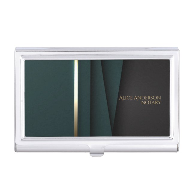 Luxury green gold elegant notary simple glam business card case (Front)