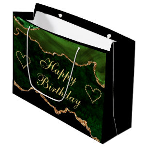 Luxury Green & Gold Glitter Agate Marble Birthday Large Gift Bag