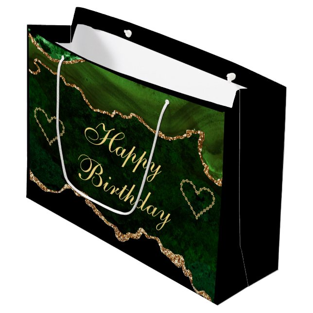 Luxury Green & Gold Glitter Agate Marble Birthday Large Gift Bag (Front Angled)