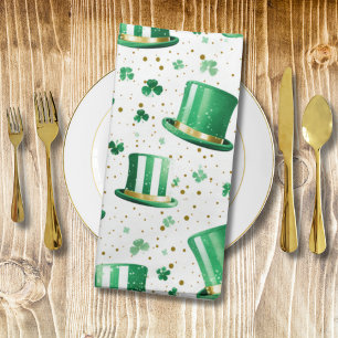 Luxury Green Gold Hats and Shamrocks White Cloth Napkin