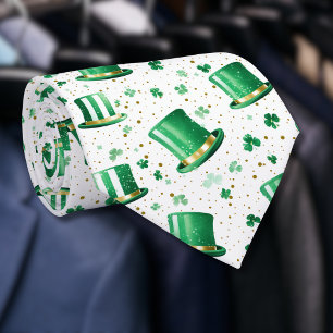 Luxury Green Gold Hats and Shamrocks White Neck Tie