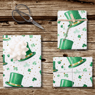 Luxury Green Gold Hats and Shamrocks White Wrapping Paper Sheets
