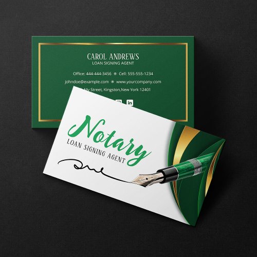 Luxury Green Gold Loan Signing Agent Notary Public Business Card