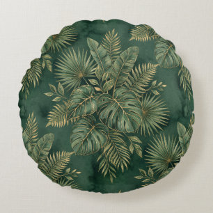Luxury Green Gold Monstera Palm Botanical Jungle Round Pillow