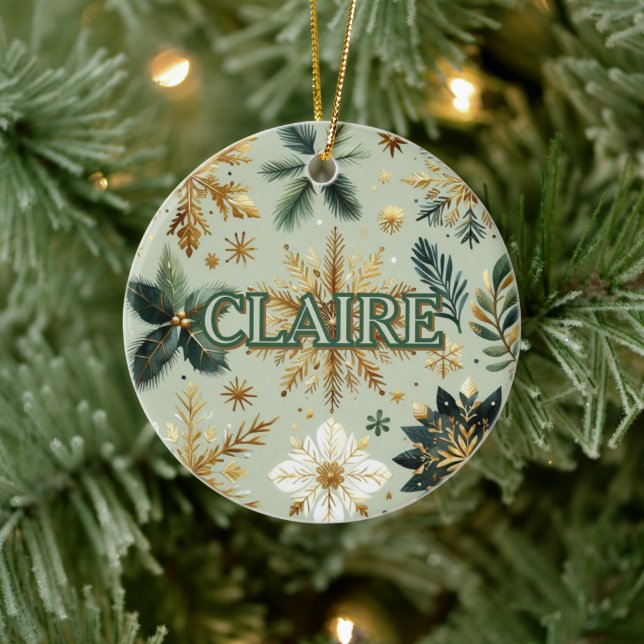 Luxury Green Gold Snowflake Holiday Elegant  Ceramic Ornament (Tree)