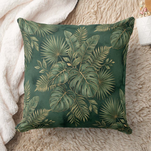 Luxury Green Gold Tropical Leaves Pattern Throw Pillow (Blanket)