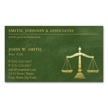 Luxury Green Lawyer Scales Of Justice Gold Look Business Card Magnet by superdazzle at Zazzle