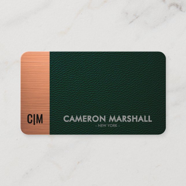 Luxury Green Leather Monogram with Copper Accent  Business Card (Front)