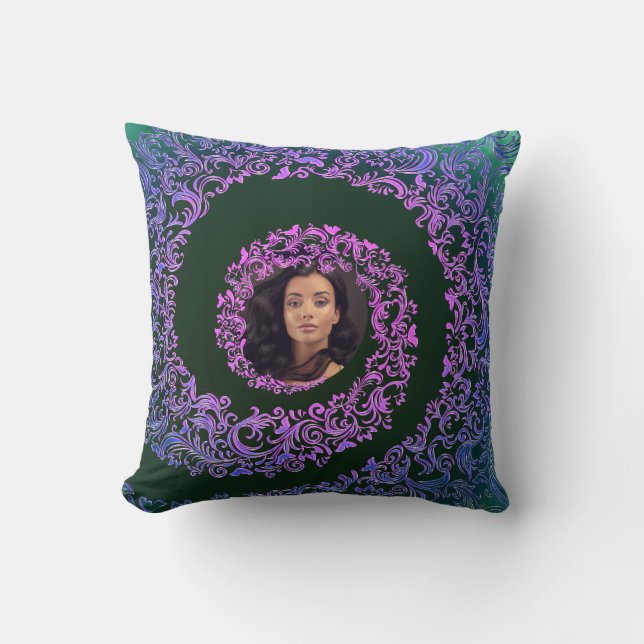 Luxury Green & Pink Damask Custom Photo Throw Pillow (Front)