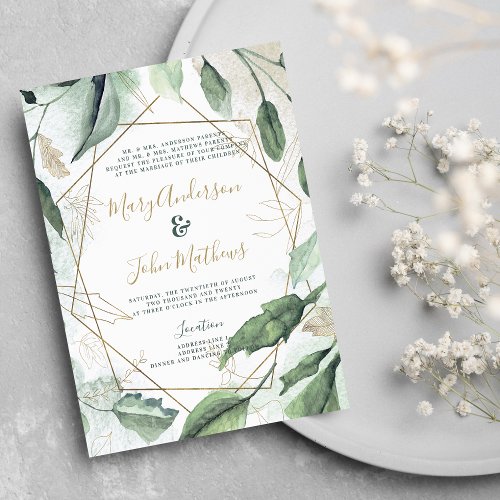 Luxury green white gold terrarium foliage Wedding  Invitation