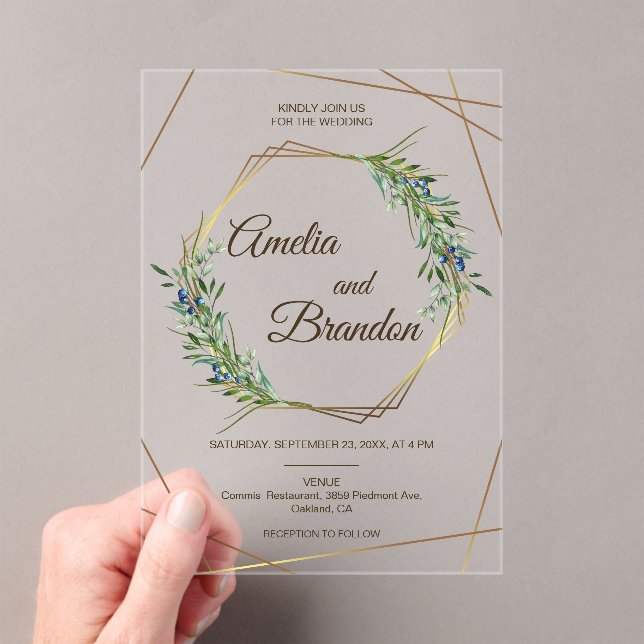Luxury Greenery Berry Geometric Gold Wedding  Acrylic Invitations (Insitu (Handheld))