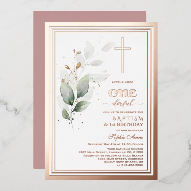 Luxury Greenery Eucalyptus 1st Birthday Baptism Foil Invitation (Front/Back)