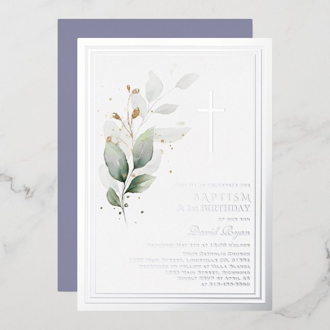 Luxury Greenery Eucalyptus 1st Birthday Baptism Foil Invitation (Front/Back)