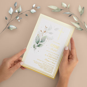 Luxury Greenery Eucalyptus First Birthday Baptism Foil Invitation