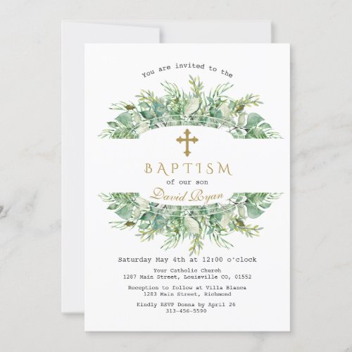 Luxury Greenery Gold Cross Baptism Invitation