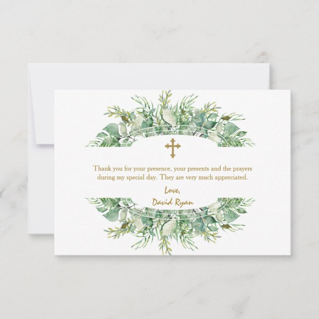 Luxury Greenery Gold Cross Baptism Thank You Card (Front)