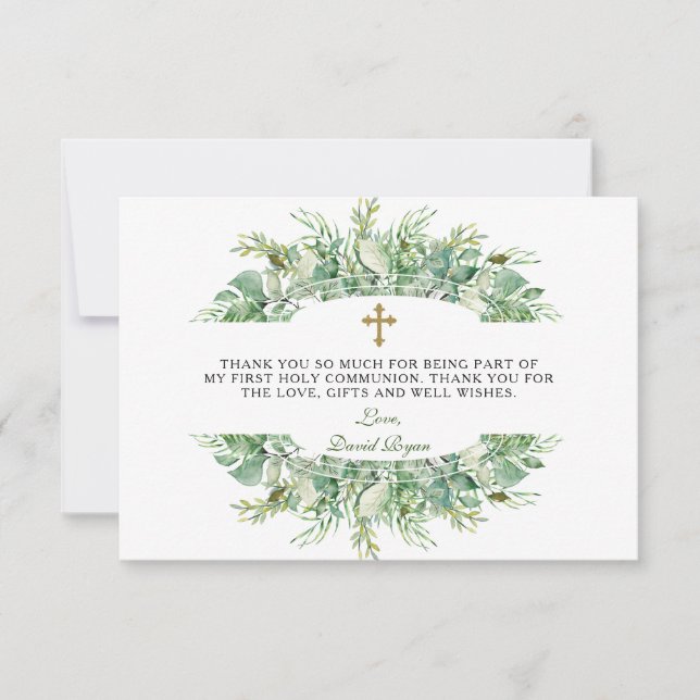 Luxury Greenery Gold Cross Holy Communion Thank You Card (Front)