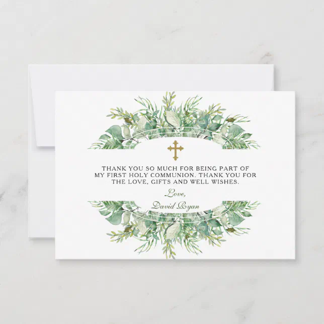 Luxury Greenery Gold Cross Holy Communion Thank You Card | Zazzle