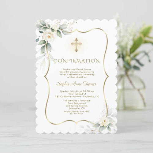 Luxury Greenery White Floral Girl Confirmation  Invitation
