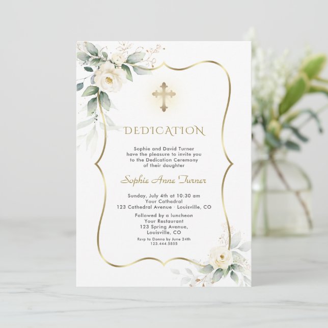 Luxury Greenery White Floral Girl Dedication  Invitation (Standing Front)