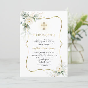 Luxury Greenery White Floral Girl Dedication Invitation