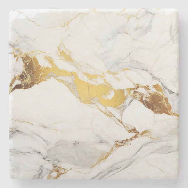 Luxury Grey and Gold Texture White Marble Stone Coaster (Front)