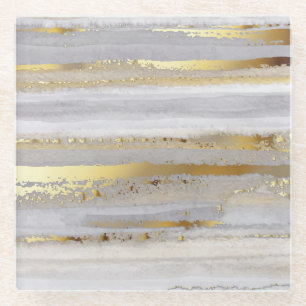 Luxury Grey Gold Watercolor Texture Glass Coaster