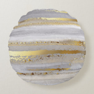 Luxury Grey Gold Watercolor Texture Round Pillow