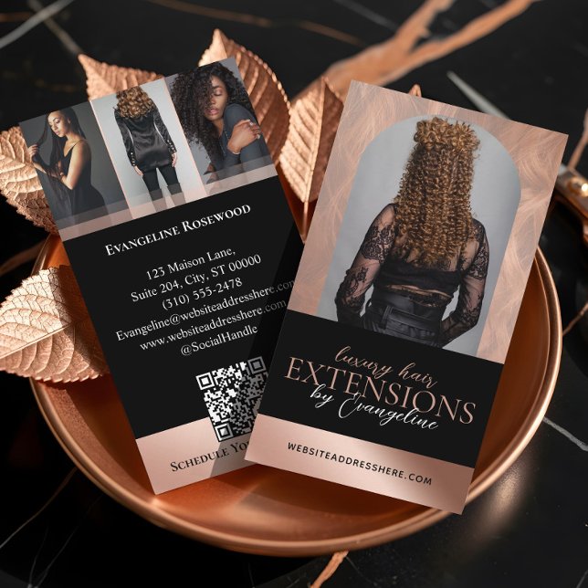 Luxury Hair Extensions Salon Arch Photo Black Rose Business Card (Luxury Hair Extensions Salon Arch Photo Black Rose Business Card)