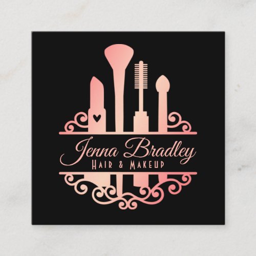 Luxury Hair Makeup Cosmetic Rose Gold And Black Square Business Card