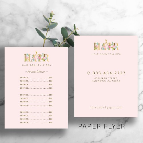 Luxury hair salon service blush pink menu flyer