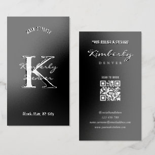 Luxury Hair Salon Spa Black Glossy Script QR Code Raised Spot UV Business Card