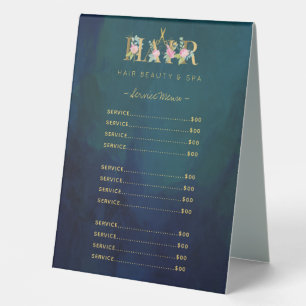 Luxury hair salon vintage navy service menu table tent