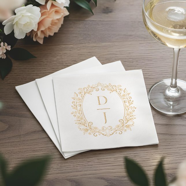 Luxury Hand Drawn Floral Vine Crest Monogram Foil Napkins (Luxury Hand Drawn Floral Vine Crest Monogram Foil Napkins)