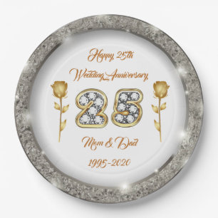 Luxury Happy Customize  Silver 25th Anniversary Paper Plates