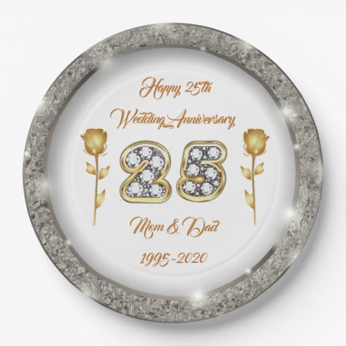 Luxury Happy Customize  Silver 25th Anniversary Paper Plates