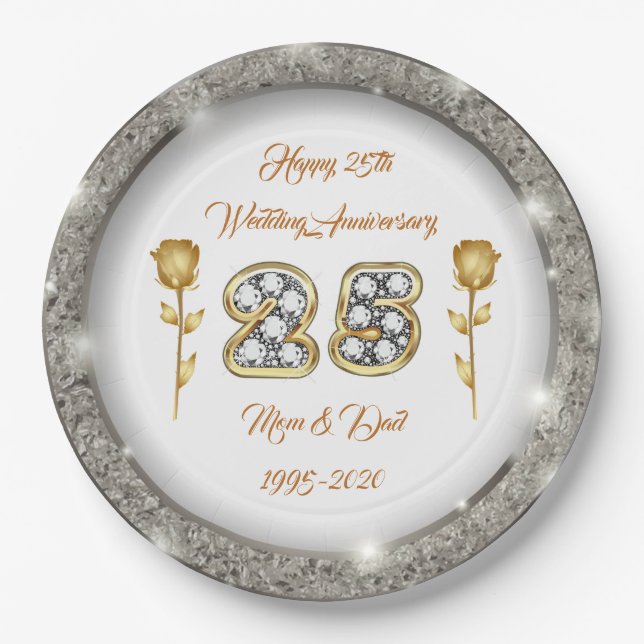 Luxury Happy Customize  Silver 25th Anniversary Paper Plates (Front)