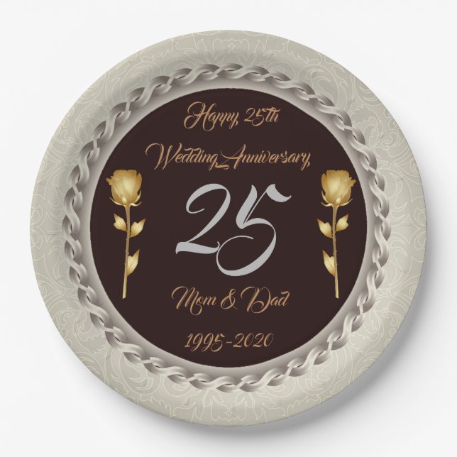 Luxury Happy Customize Silver 25th Anniversary Paper Plates (Front)