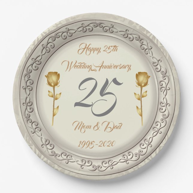 Luxury Happy Customize Silver 25th Anniversary Paper Plates (Front)