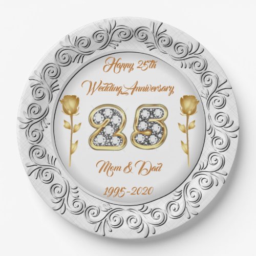 Luxury Happy Customize Silver 25th Anniversary Paper Plates