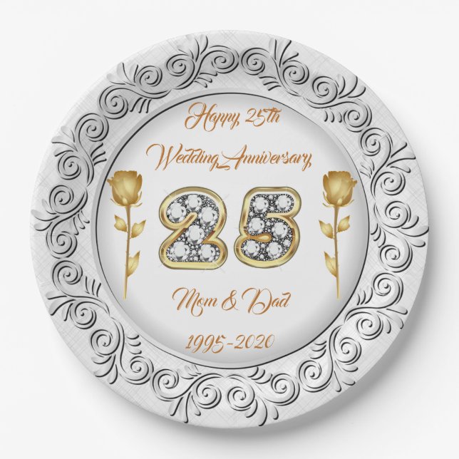 Luxury Happy Customize Silver 25th Anniversary Paper Plates (Front)