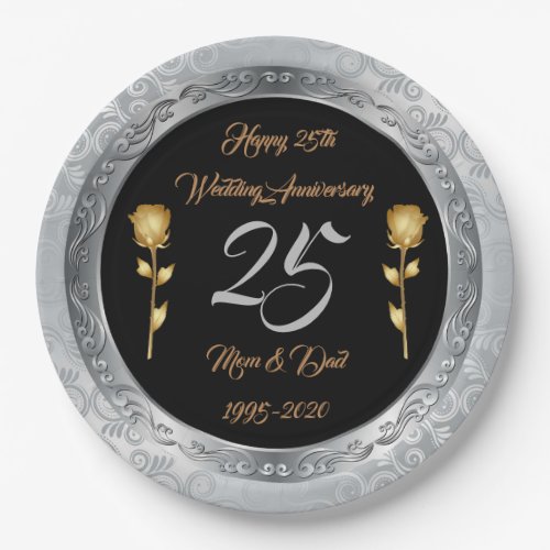 Luxury Happy Customize Silver 25th Anniversary Paper Plates