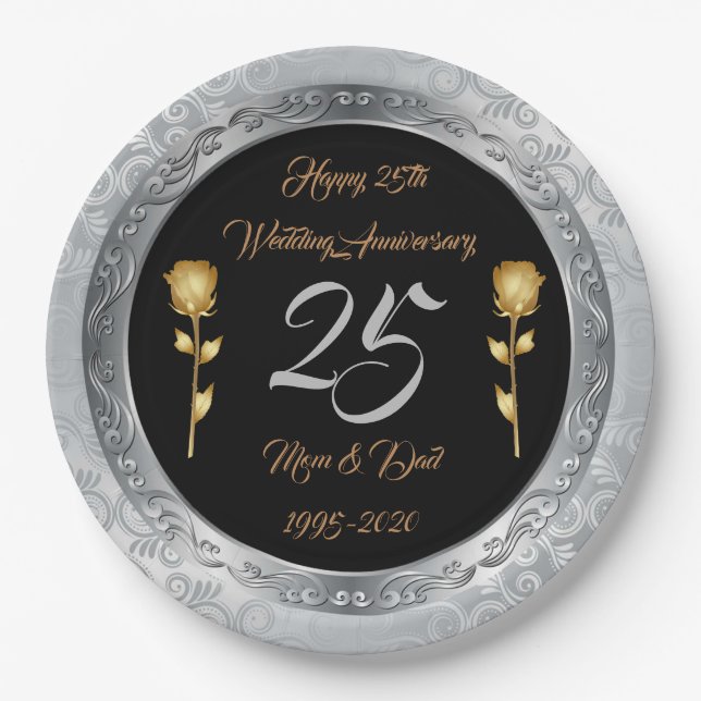 Luxury Happy Customize Silver 25th Anniversary Paper Plates (Front)
